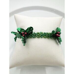 Handmade Holly Berry Design Beaded Christmas Bracelet